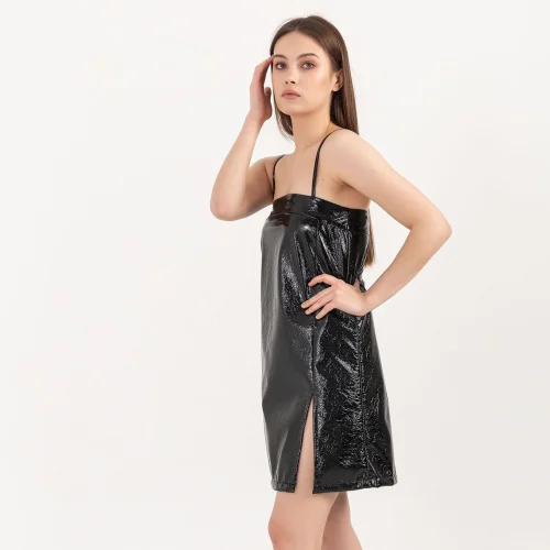 HOELO - Patent Leather Side Slit Mini Dress