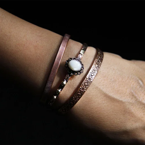 Coho Objet	 - Tılsım Pearl & Textured & Flowers Copper Handmade Bracelet Set