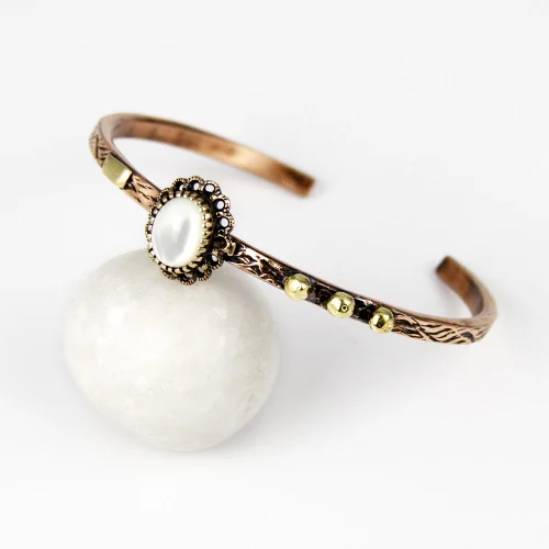 Coho Objet	 - Tılsım Pearl & Textured & Flowers Copper Handmade Bracelet Set
