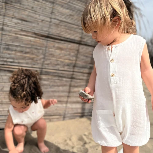 Moose Store Baby & Kids - Organik Müslin Kumaş Ekru Bebek Çocuk Tulum Yazlık