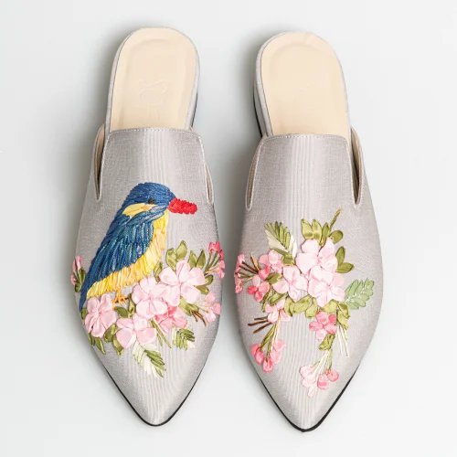 Studio of Friends - Kingfisher Bird Hand Embroidered Ribbon Slippers