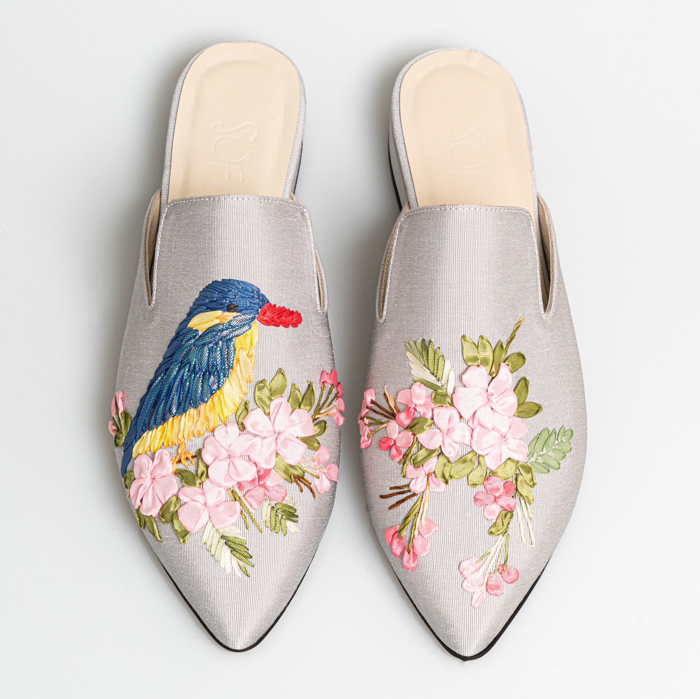 Kingfisher Bird Hand Embroidered Ribbon Slippers