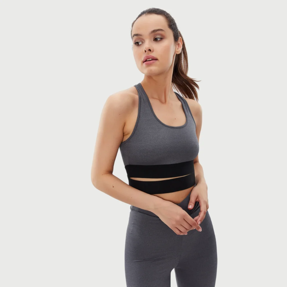 Auric - Iris Elastic Waist Detailed Sports Bra Anthracite M