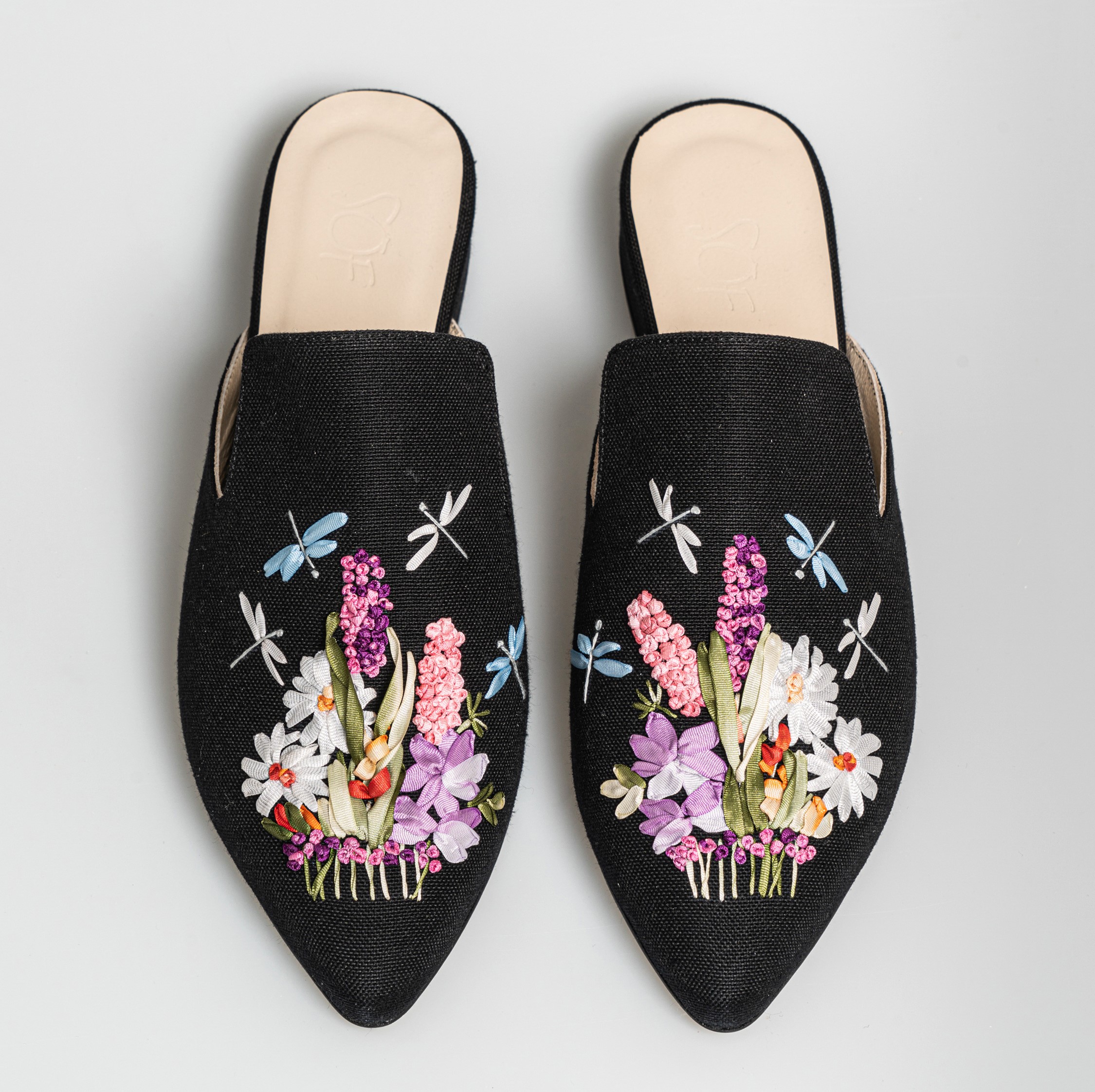 Floral Pattern Hand Embroidered Ribbon Slippers