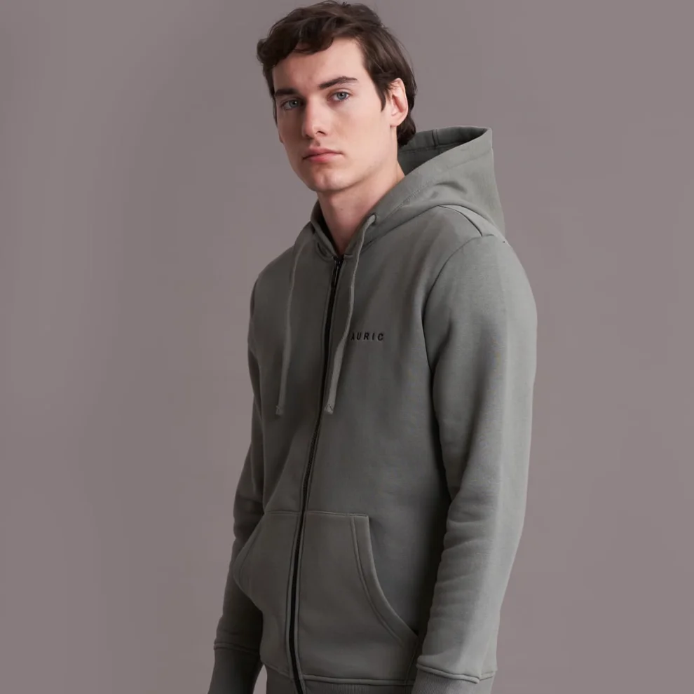 Auric - Nakışlı Kapüşonlu Fermuarlı Cepli Sweatshirt