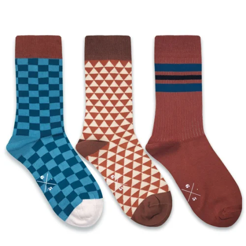 Six Times Five - Checker Triangles Triple Stripes Unisex 3pack Socks