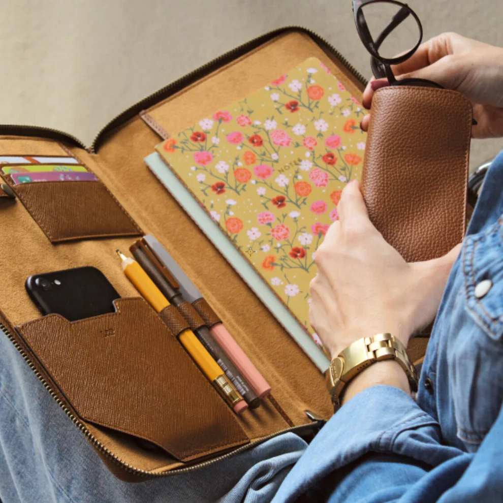 Leather & Paper - Textured Leather Zippered Organizer Hand Bag