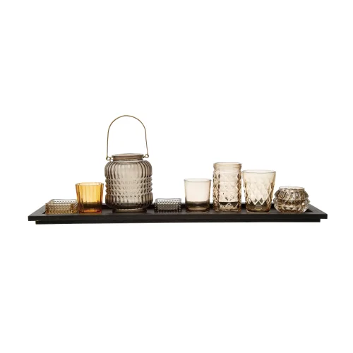 Warm Design	 - Set Of 9 Wooden Tray Embossed Glass Candle Holder