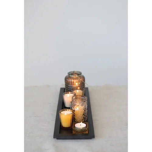 Warm Design	 - Set Of 9 Wooden Tray Embossed Glass Candle Holder