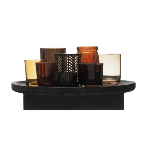 Warm Design	 - Set Of 9 Pieces With Wooden Tray Candle Hold