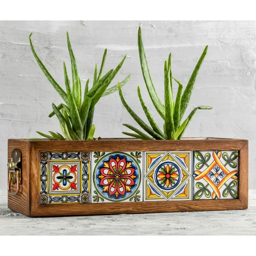 Halohope Design - Wooden Planter With Mexican Tiles With Pan And Handle