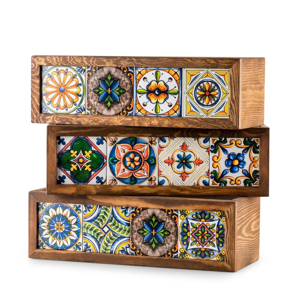 Halohope Design - Wooden Planter With Mexican Tiles With Pan And Handle