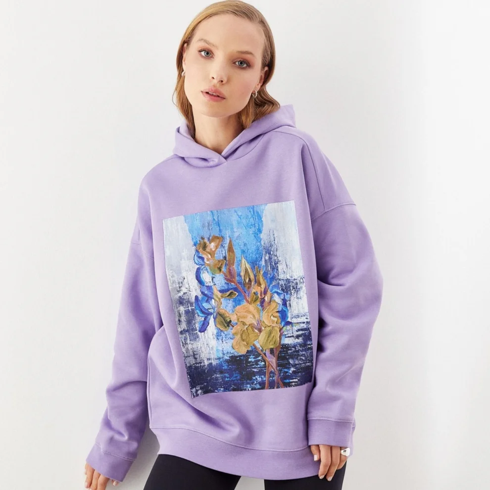 Auric - Dijital Çiçek Baskılı Sweatshirt Hoodie