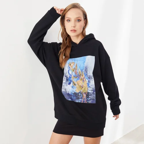 Auric - Dijital Çiçek Baskılı Sweatshirt Hoodie