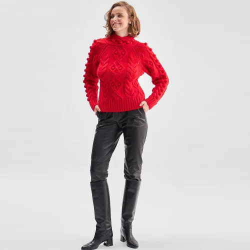 Joinus - Cable Knit Pompomed Tricot Jumper