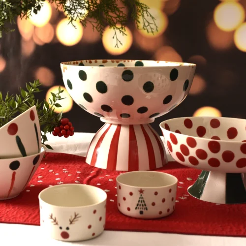 Kaase Atelier - Dots & Stripes V Form Christmas Özel Porselen Kase