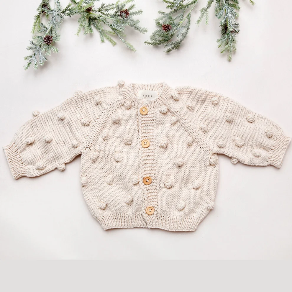 Krea The Label - Pompom Pattern, Wooden Button, Organic Cardigan Creme ...