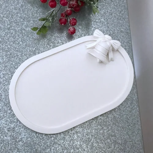 Candu Things - White Christmas Bell Figure Detailed Christmas Themed Concrete Large Serving Serving Plate