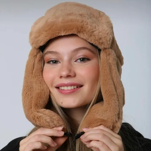 Beanie Fun Unisex Snaps Fur Ear Earmuffs Plush Hat Beanie Light Brown