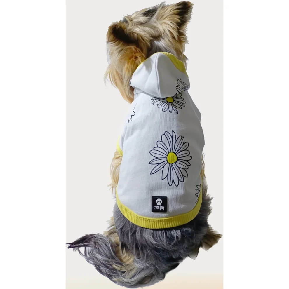 Cream Grey - Daisy Papatya Desenli Kapüşonlu Köpek Sweatshirt
