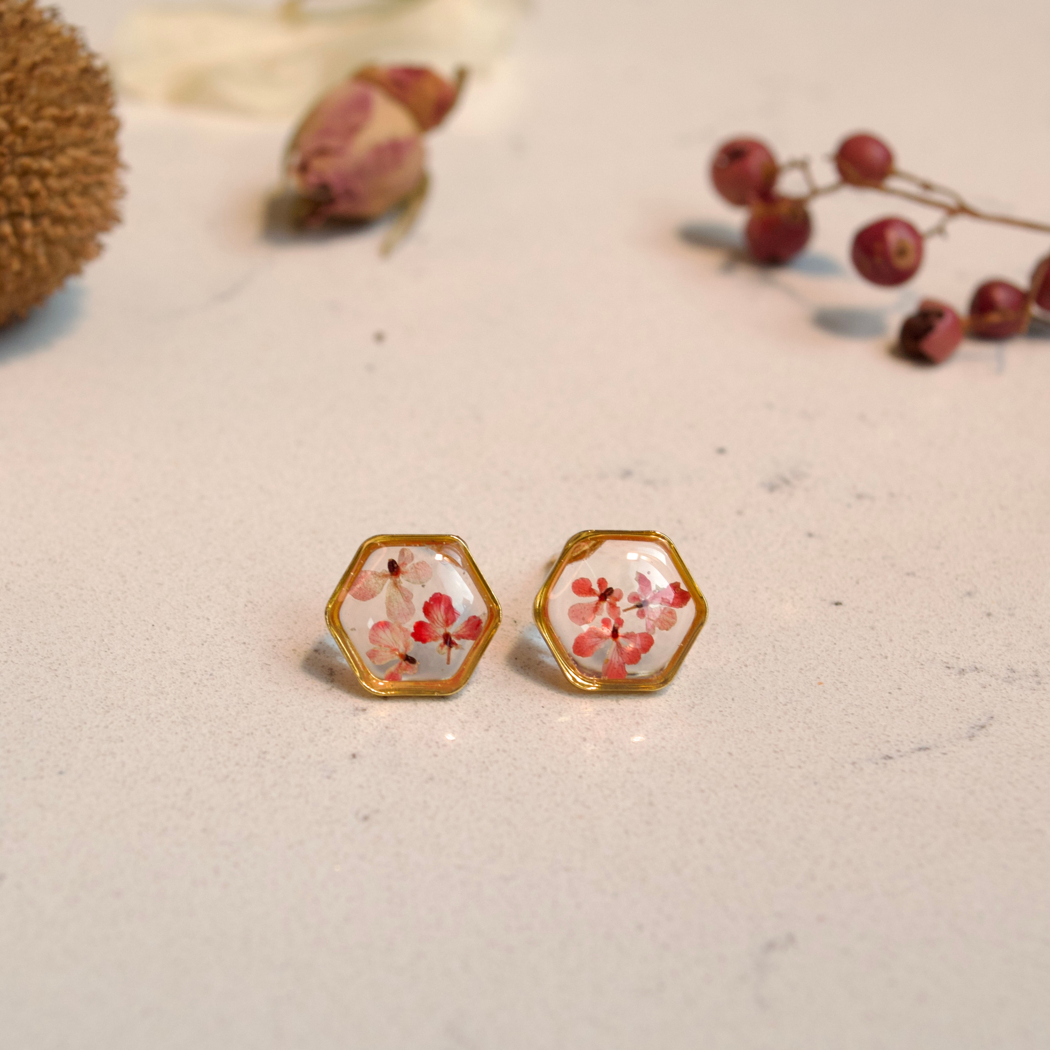 Real Flower Teeny Weeny Hexagon Earring