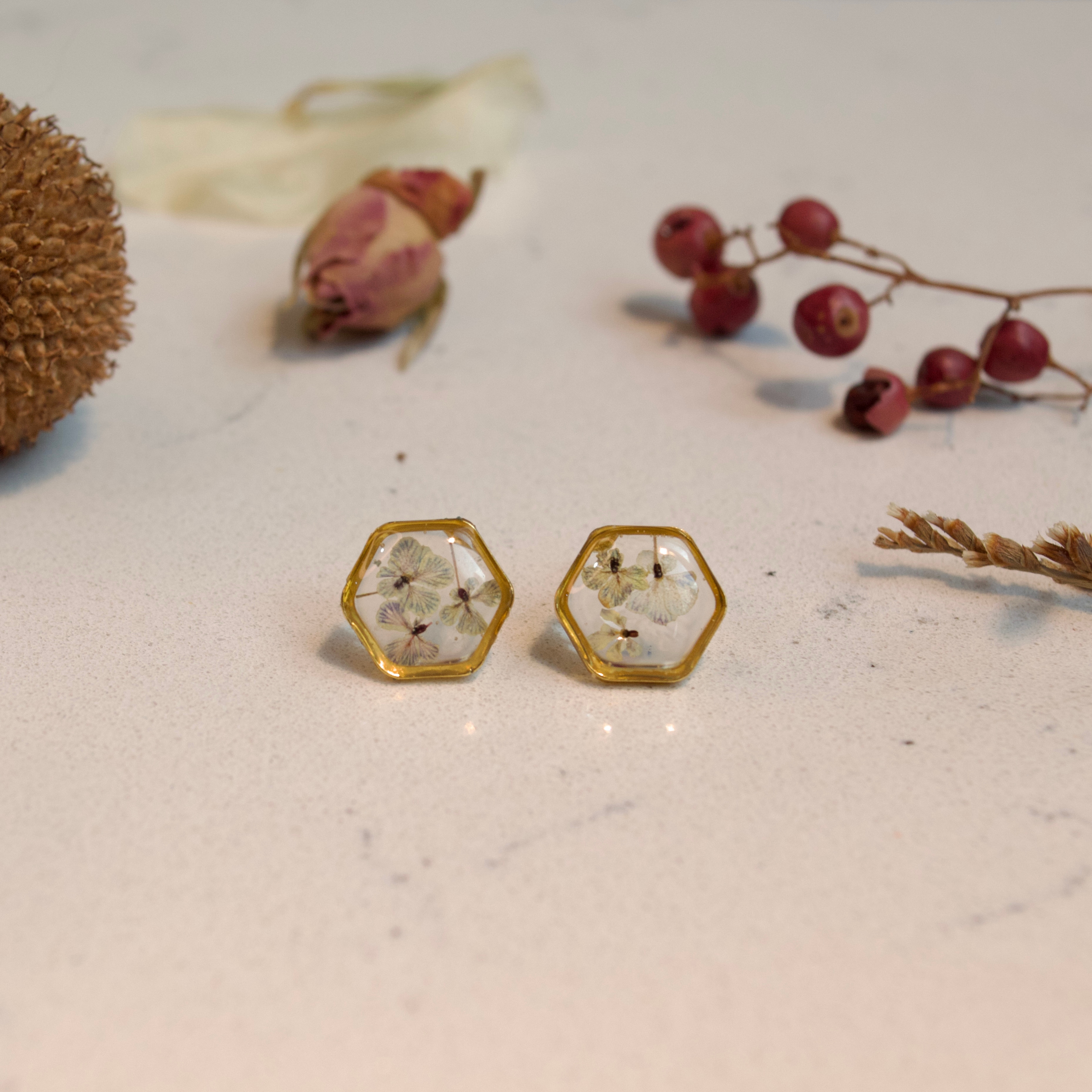 Real Flower Teeny Weeny Hexagon Earring