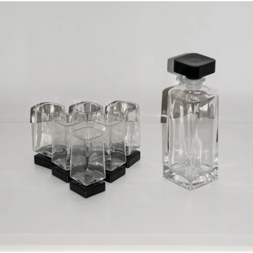 Niche - Italian Luigi Bormioli Glass Decanter Set, Six Black Glass Tumblers With Base Square