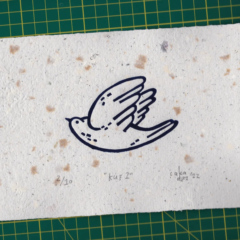 Çaçiçakaduz - Kuş 2 Limba Ahşap Çerçeveli Linol Baskı