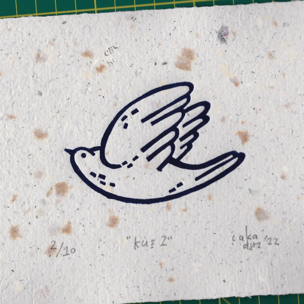 Çaçiçakaduz - Kuş 2 Limba Ahşap Çerçeveli Linol Baskı