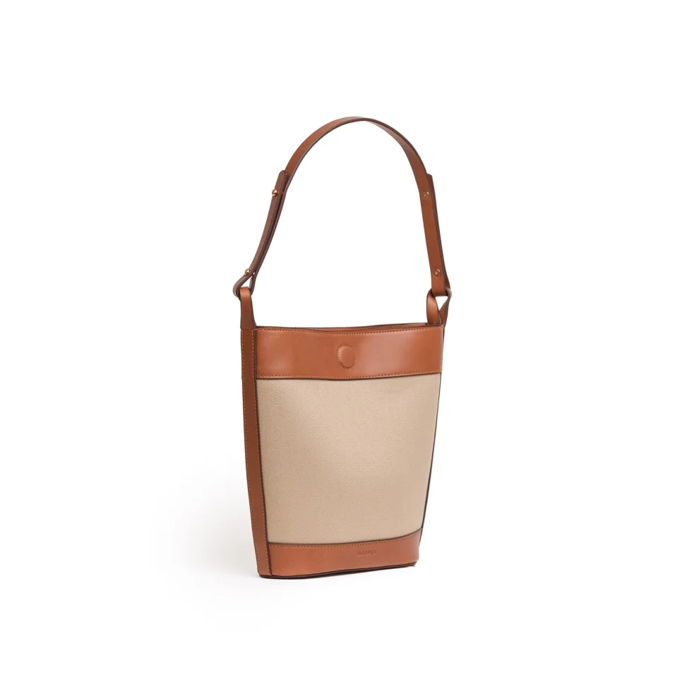 Mianqa - Vegan Apple Leather & Fabric Buket Shoulder & Crossbody Bag Beige
