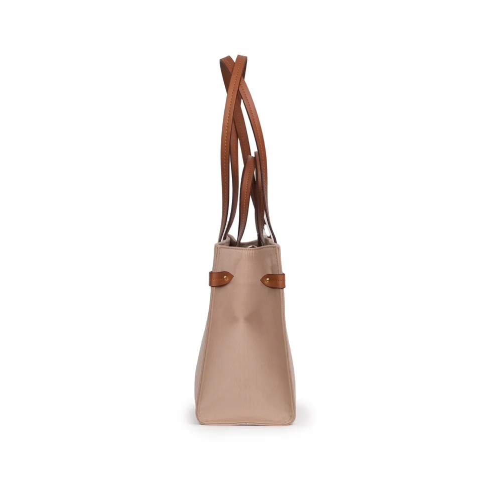 Mianqa - Vegan Apple Leather & Fabric Medium Tote Beige