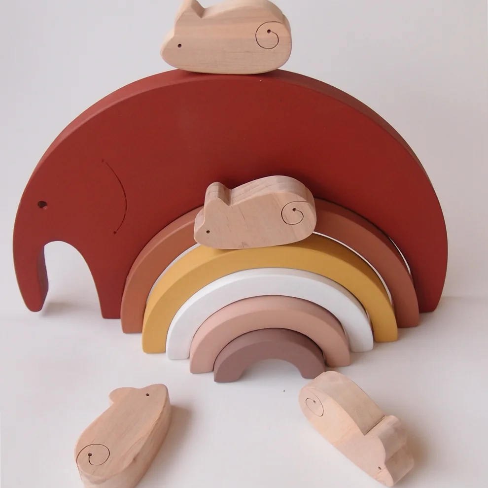 Oyuncu Kunduz Oyuncak - Elephant And Mouse Wooden Rainbow Puzzle