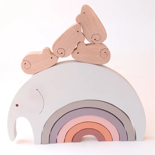 Oyuncu Kunduz Oyuncak - Elephant And Mouse Wooden Rainbow Puzzle