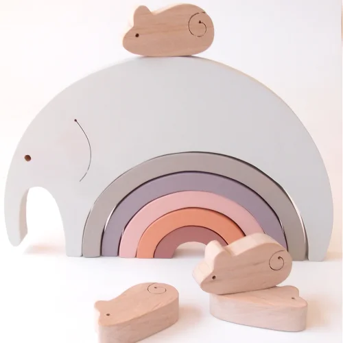 Oyuncu Kunduz Oyuncak - Elephant And Mouse Wooden Rainbow Puzzle