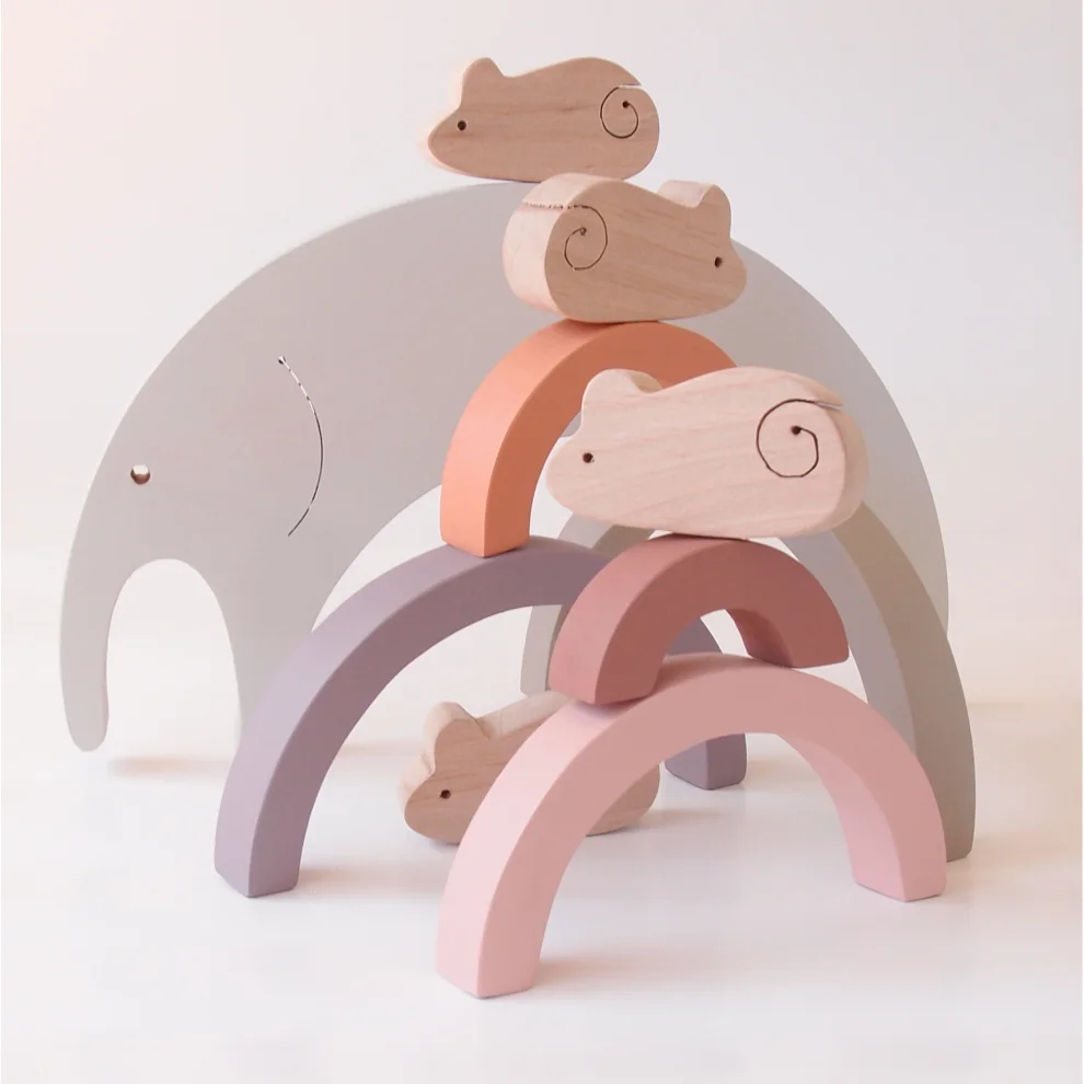 Oyuncu Kunduz Oyuncak - Elephant And Mouse Wooden Rainbow Puzzle