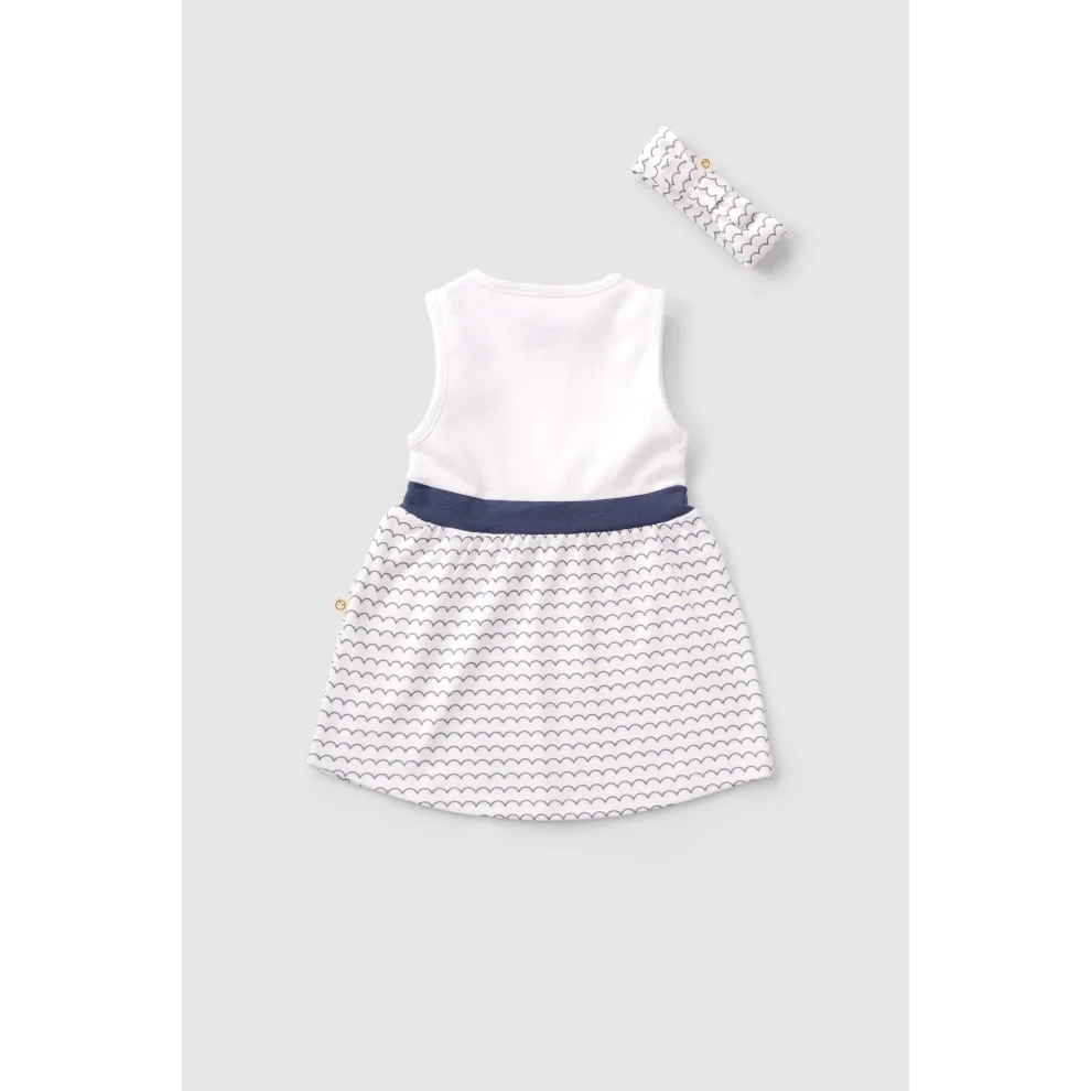 Little Gusto - Organic Cotton Baby Dress And Hairband Set With Wave Pattern