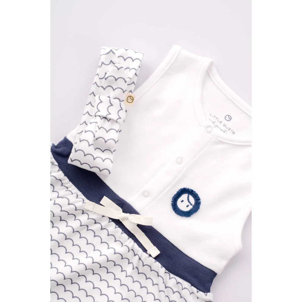 Little Gusto - Organic Cotton Baby Dress And Hairband Set With Wave Pattern