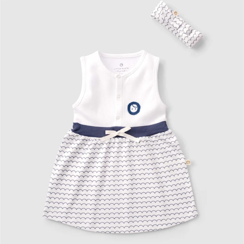 Little Gusto - Organic Cotton Baby Dress And Hairband Set With Wave Pattern