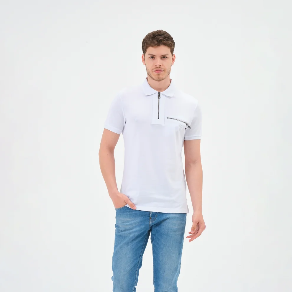 Tbasic - Zipper And Pocket Polo Shirt XL White | hipicon