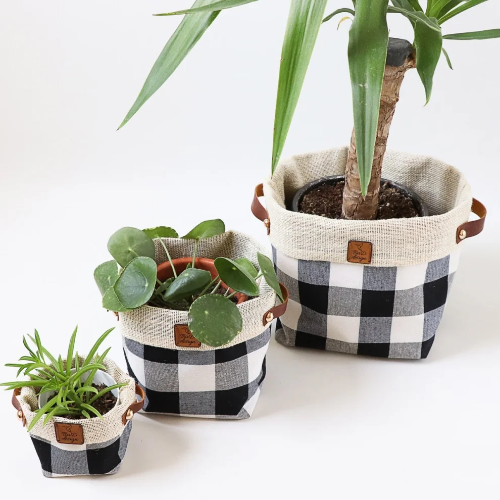 Bird Design - Plaidlove Serisi 3lü Kumaş Organizer& Saksı Kılıfı Seti