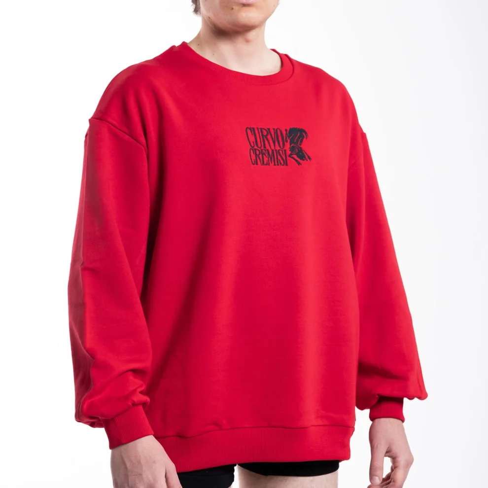 Curvo Cremisi - Oversize Nakışlı Kırmızı Sweatshirt
