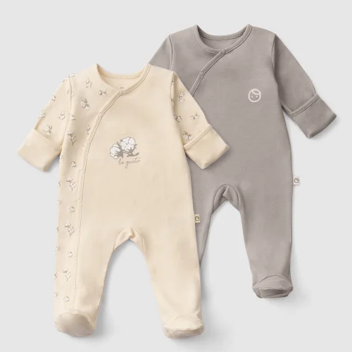 Little Gusto - Organic Cotton Jumpsuit Set Of 2 With Self-gloved Booties With Small Cotton Pattern