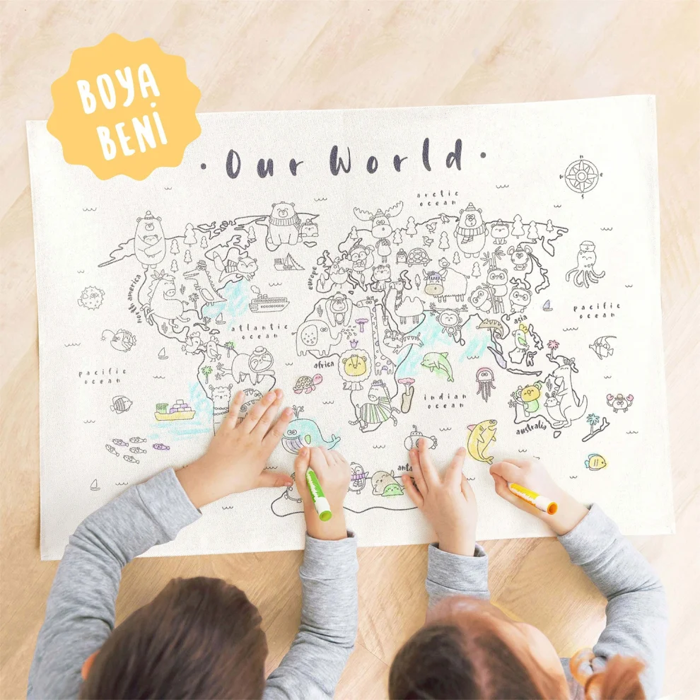 Jüppo - Organic Cotton Colouring Wall Tapestry Of Animal World Map And Fabric Marker Set