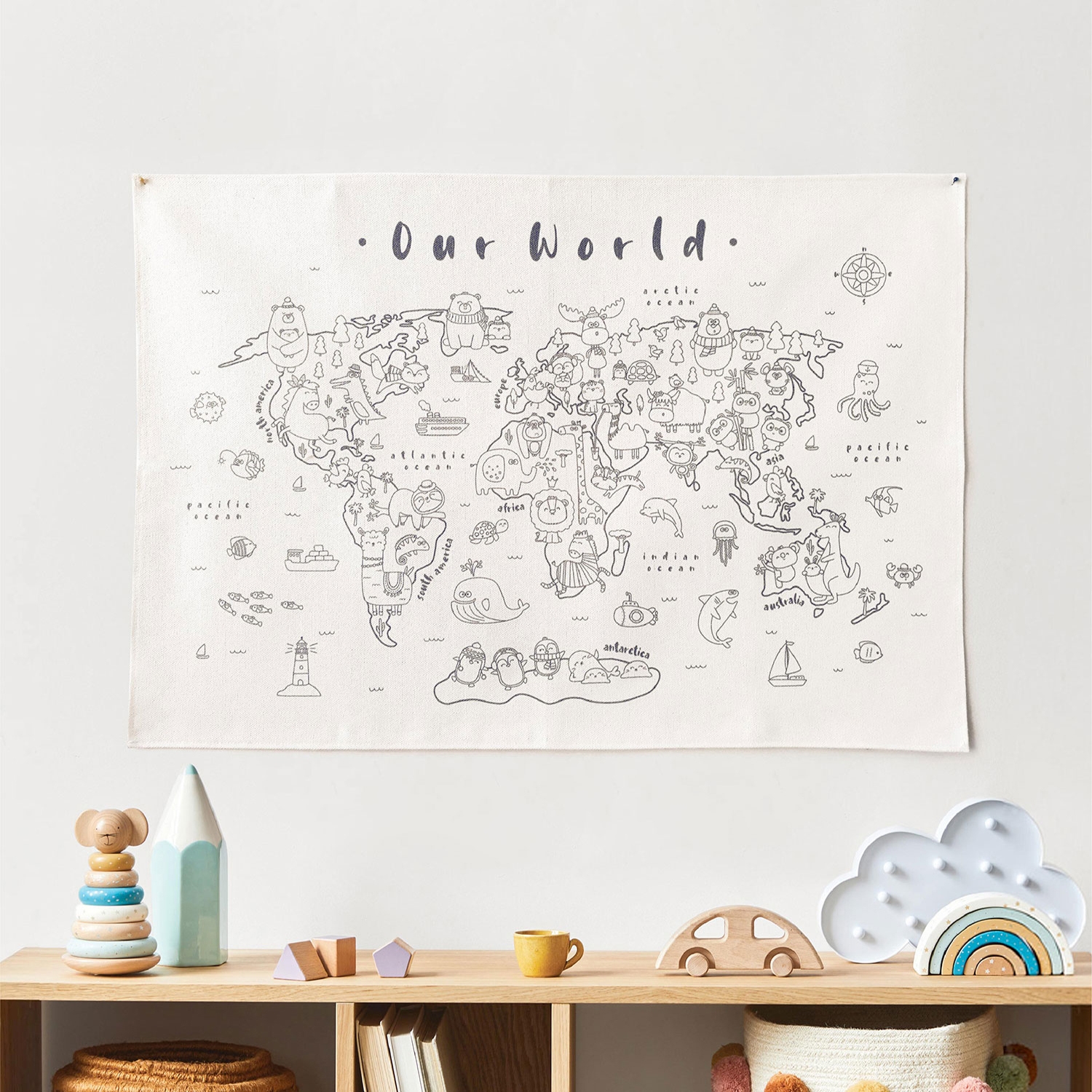 Organic Cotton Colouring Wall Tapestry Of Animal World Map And Fabric Marker Set