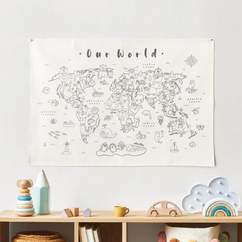Jüppo - Organic Cotton Colouring Wall Tapestry Of Animal World Map And Fabric Marker Set