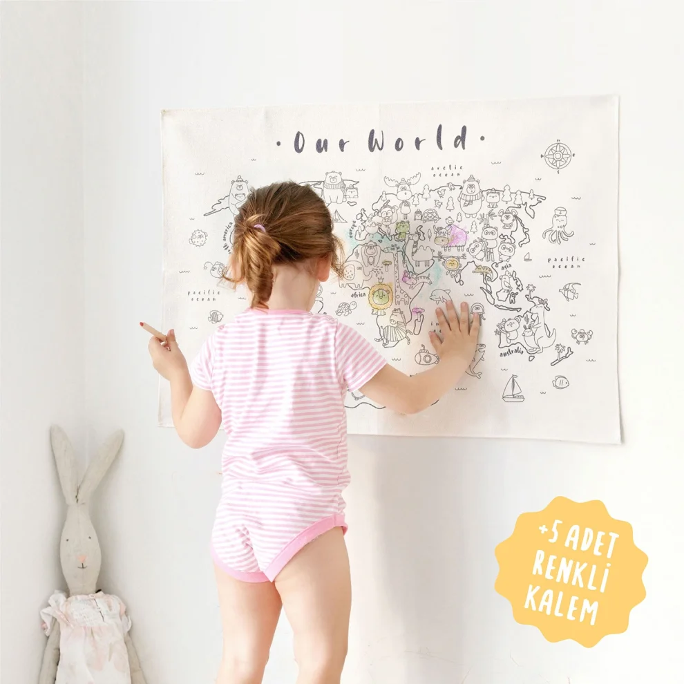 Jüppo - Organic Cotton Colouring Wall Tapestry Of Animal World Map And Fabric Marker Set