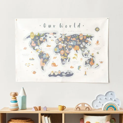 Jüppo - Animal World Map Wall Tapestry, Organic Natural Cotton