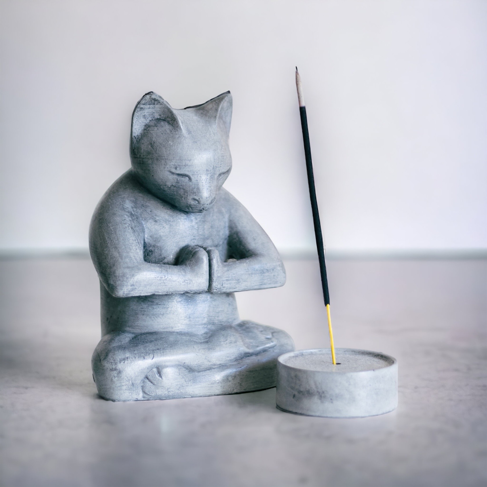 Concrete Meditation Cat Figurine And Incense Holder