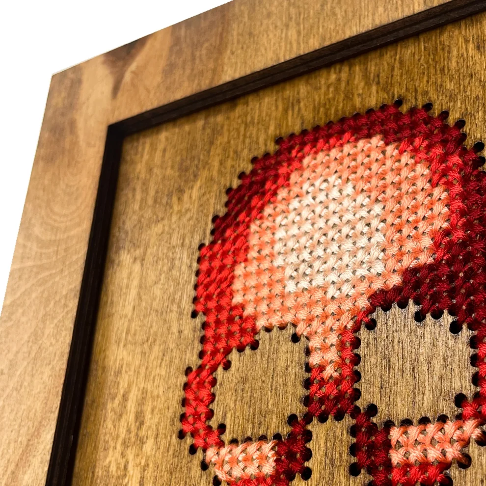 Krostworks - Completed Skull Framed Wooden Cross Stitch Wall Decor