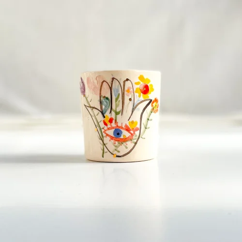 Mamezon Ceramics - Fatma Ananın Bereket Eli Desenli Altın Dekorlu Porselen Kahve Kupası